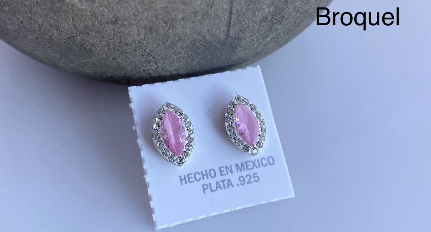 Aretes de plata con piedra de cristal color rosa